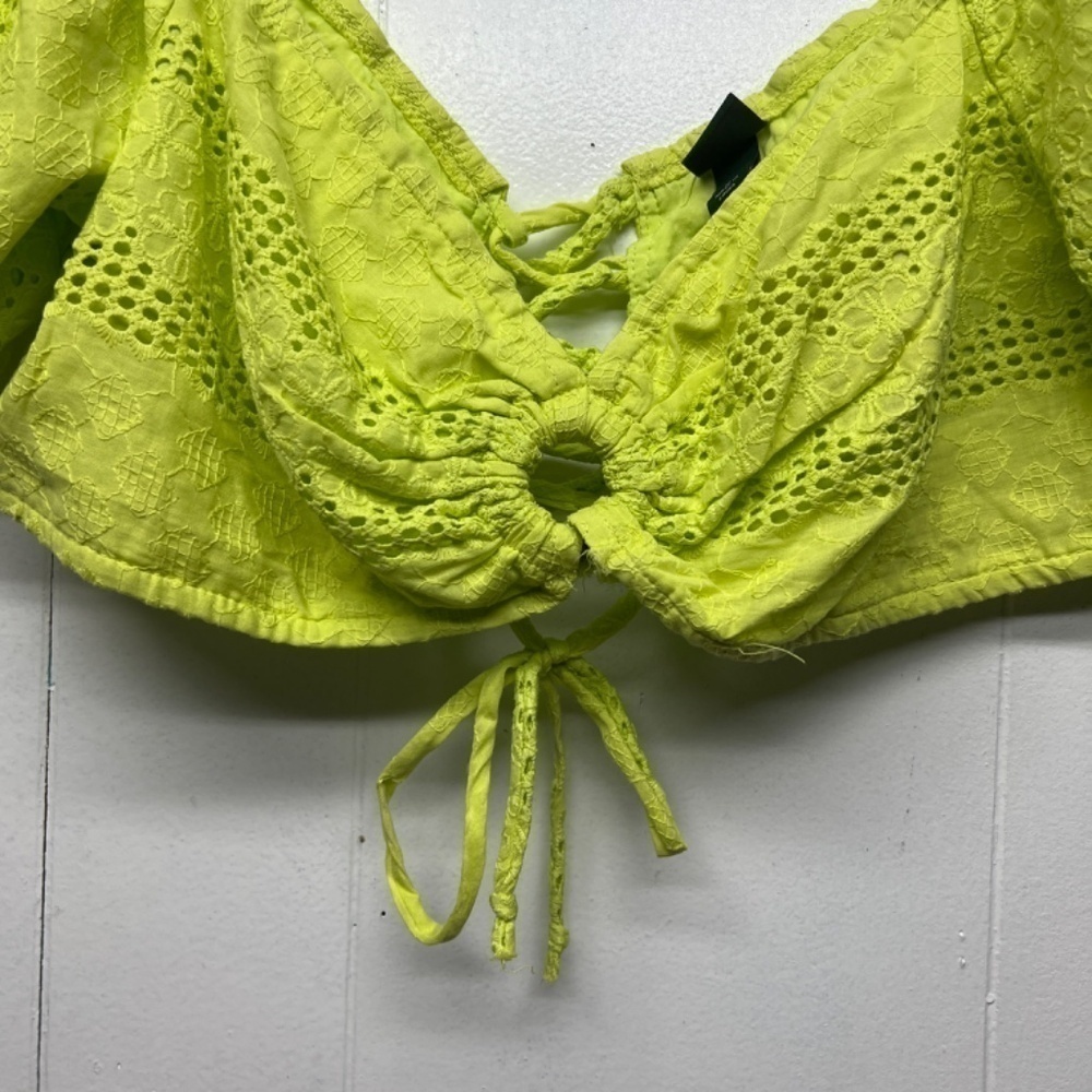 Wild Fable Lime Green Eyelet Lace Up Coquette Cropped Top Medium Puff Sleeves - Picture 6 of 15
